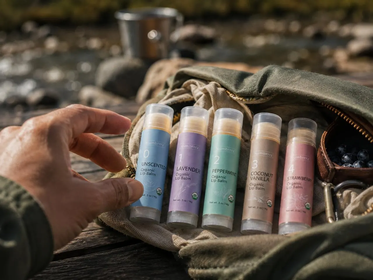 Five oversized 0.5 oz Numbrrrz USDA Organic lip balms arranged outdoors: Unscented, Lavender, Peppermint, Coconut Vanilla, and Strawberry